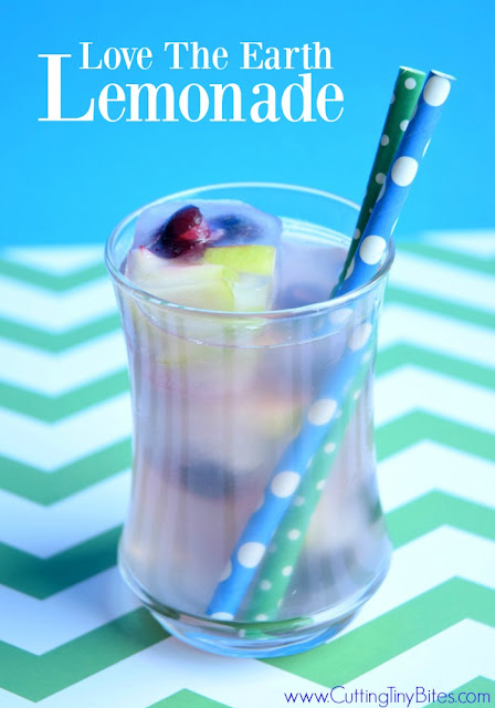 Love The Earth Lemonade.  Light and refreshing drink for Earth Day.  Fruity green and blue ice cubes swirl around to make a healthy treat for kids.  No artificial colors!