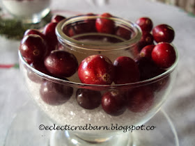 Eclectic Red Barn: Adding fresh cranberries to candle centerpiece