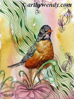 painting of a robin in a fantasy garden of flowers and shapes
