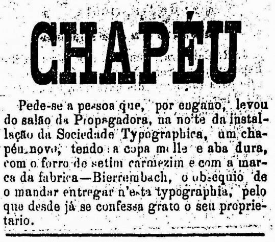 Anúncio classificado de um chapéu perdido, no ano de 1876, em São Paulo.