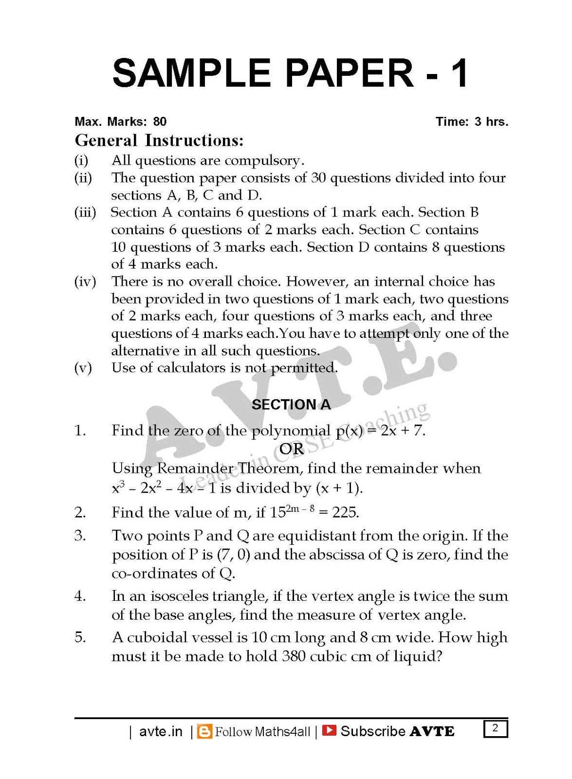 CLASS IX MATHEMATICS SAMPLE PAPERS 20182019