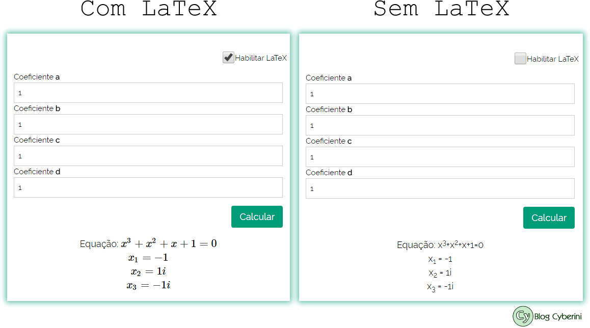 Calculadora para equações do terceiro grau com e sem LaTeX