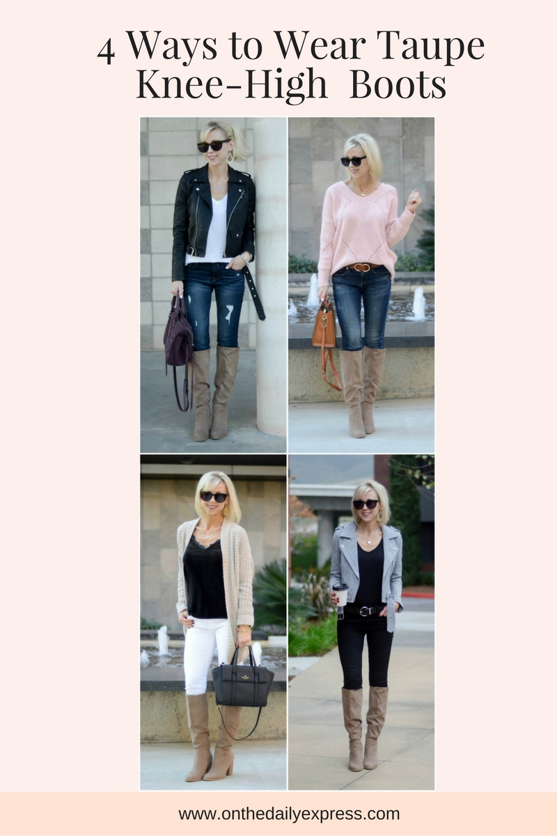 outfits with taupe knee high boots