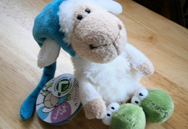 nici jolly sleepy sheep with green frog blue hat cuddly toy