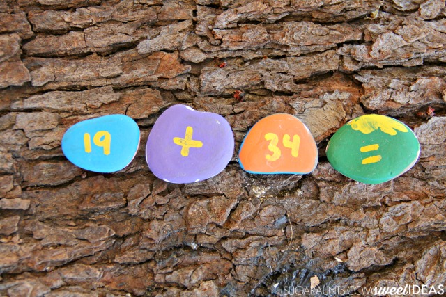 Outdoor learning math ideas and creative movement activity using rocks for second grade math addition and subtraction ideas.