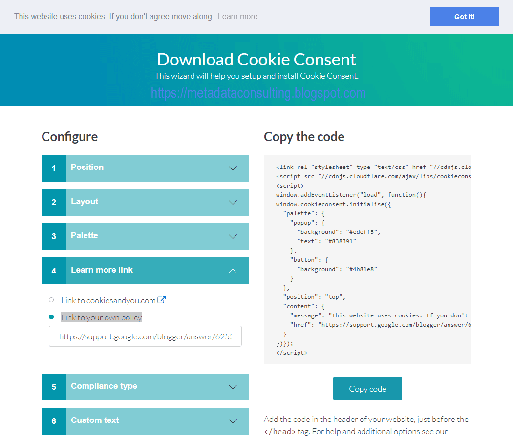 Metadata Consulting [dot] ca How to add a Cookie Notice to Blogger