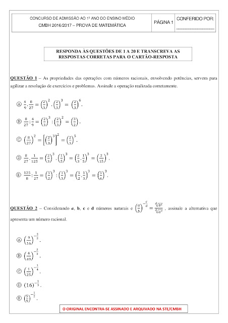 prova de matematica 1 ano ensino medio com gabarito