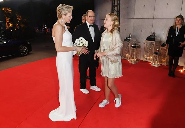 Princess Charlene attend award ceremony of 2018 Laureus World Sports at Sporting Club in Monaco. Princess wears Stella McCartney dress