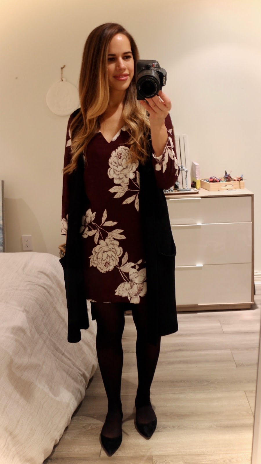 Jules in Flats - Burgundy Floral Shift Dress with Sweater Vest (Business Casual Fall Workwear on a Budget) 