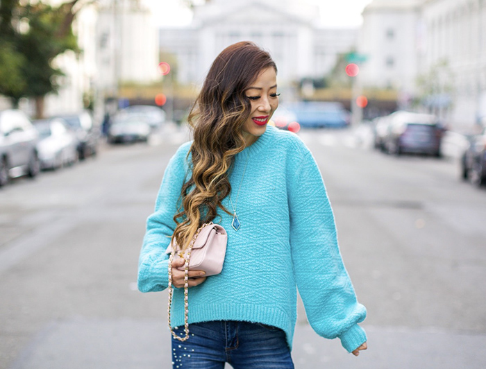 turquoise balloon sleeve sweater, topshop turquoise sweater, pearl embellished jeans, christian louboutin pumps, baublebar earrings, chanel mini flap, kendra scott necklace, holiday outfit ideas