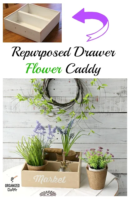 Repurposed Drawer Spring Flower Caddy #thriftshopmakeover  #stencil #dixiebellepaint #burlap #flowercaddy #upcycle #repurposed #repurposeddrawer