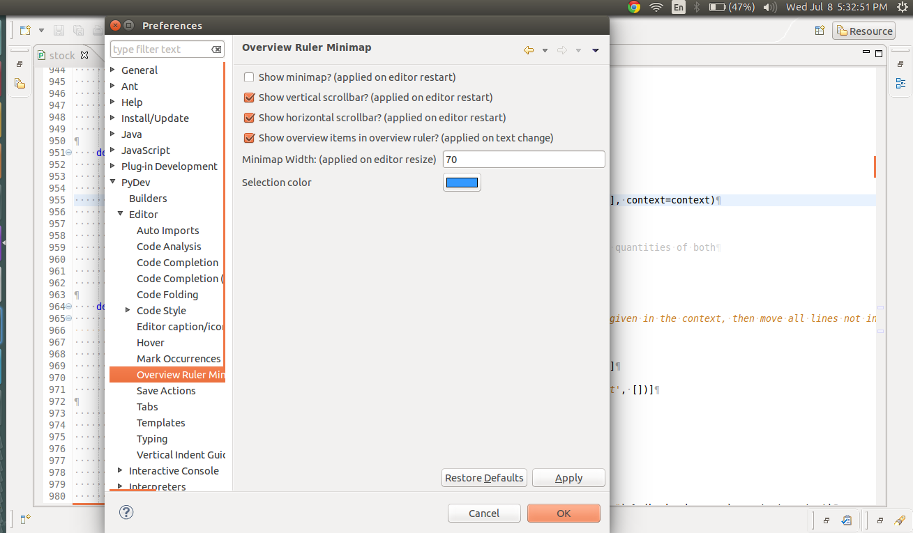 Remove the strange scroll bar in eclipse after installing PyDev