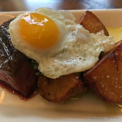 steak with quail egg at Sabio on Main in Pleasanton, California