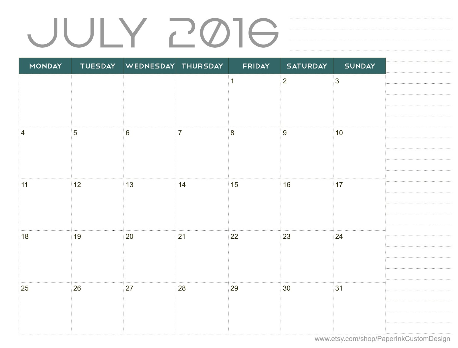 Free Printable Calendar: July 2016