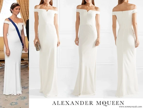 Princess Claire wore Alexander McQueen Leaf off-the-shoulder crepe gown