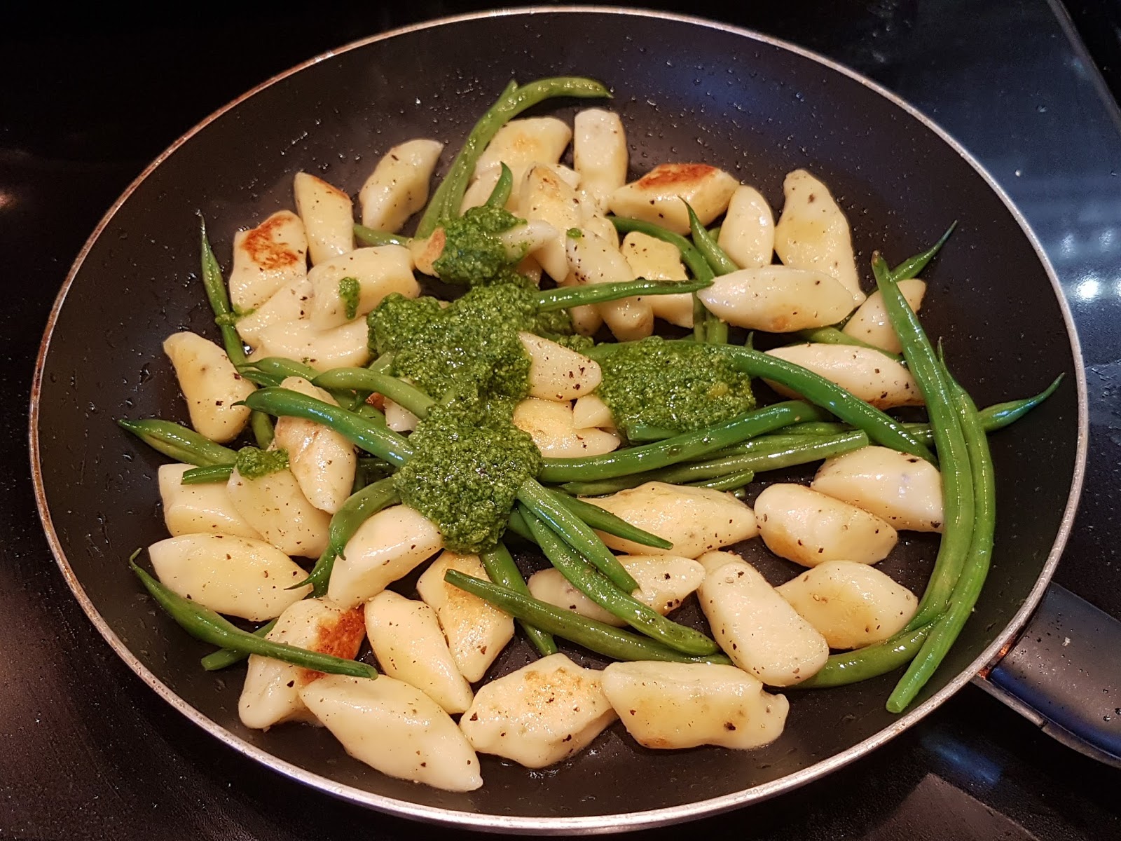 Almost Wasted Baked Cod with Crispy Gnocchi, Green Beans, Grape