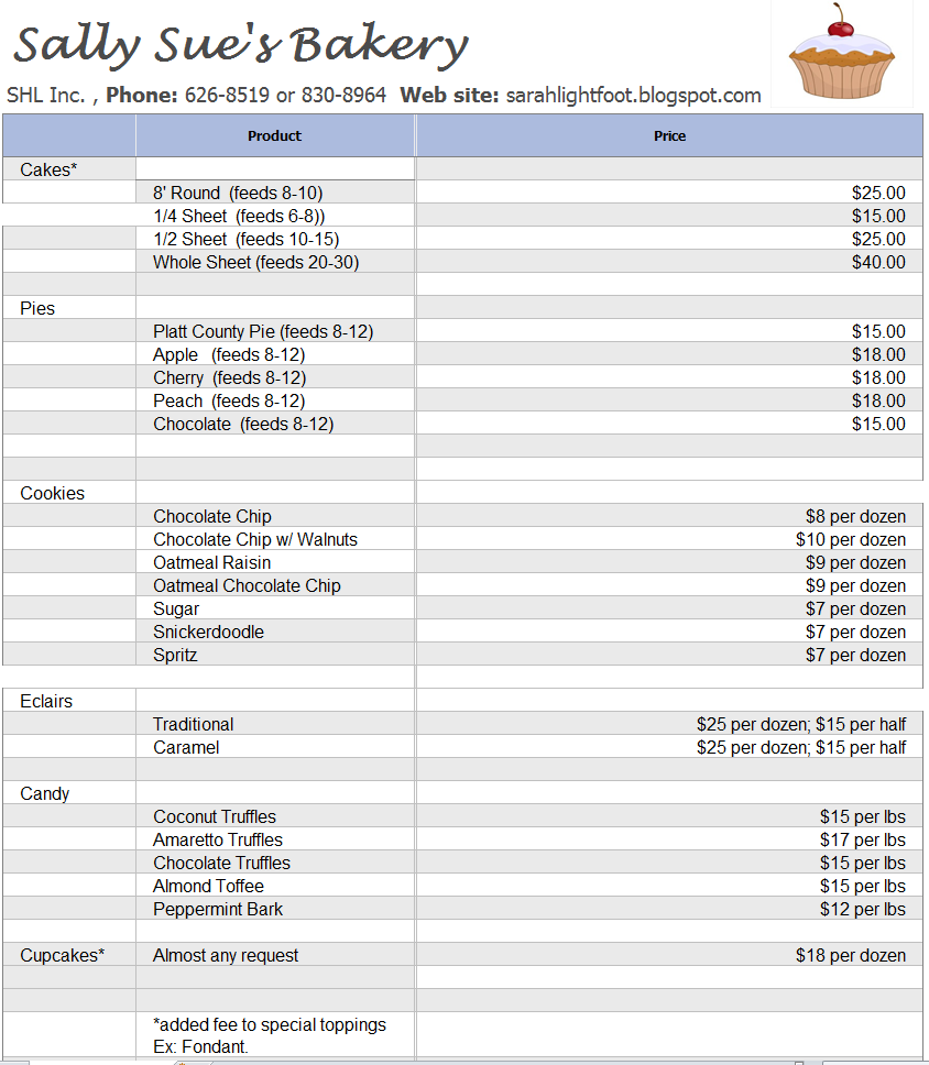 Sally Sue's Bakery Baking List and Prices
