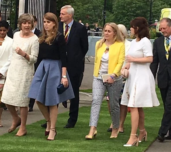 Queen Elizabeth and Prince Philip, Duke of Edinburgh, Catherine, Duchess of Cambridge, Prince William, Duke of Cambridge and Prince Harry, Sophie, Countess of Wessex, Princess Anne, Princesses Beatrice and Eugenie. Kate Middleton wore Catherine Walker dress