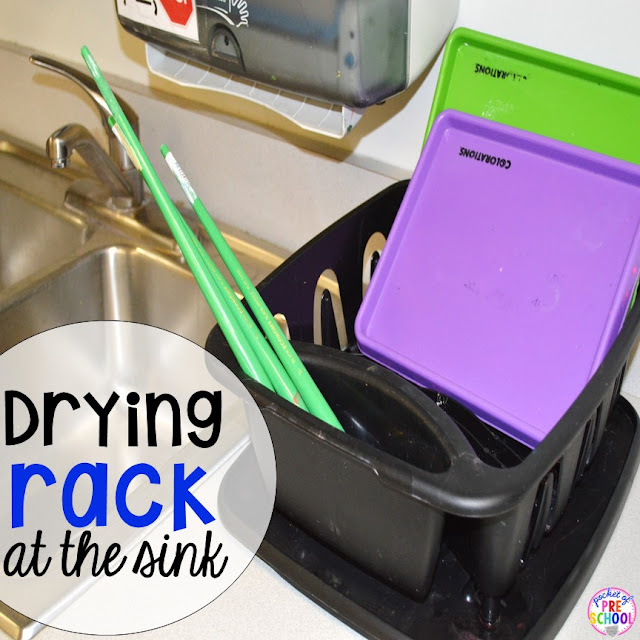 Use a drying rack at the sink for your art supplies–no more messy drying station.