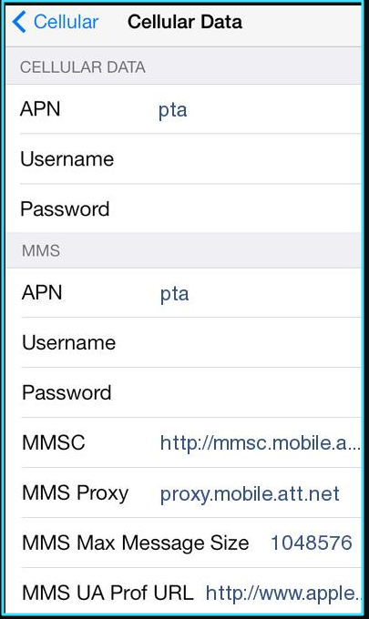 New AT&T internet settings iPhone