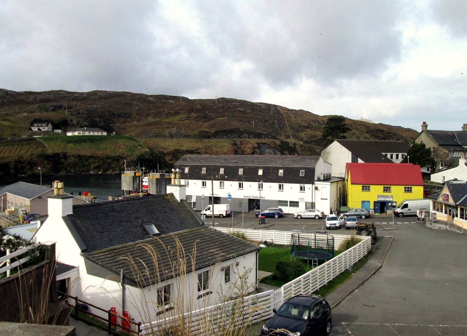 Ultima Thule Isle Of Harris Outer Hebrides Tarbert A Little Pier Road The Town Center Hebrides Hotel Long White Tarbert Yellow Tourist Information Beige Right