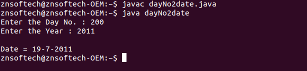 Java code to read day number and year its corresponding date