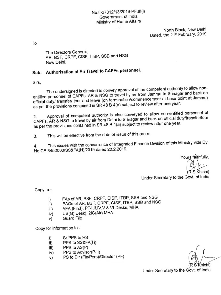 Air Travel: Authorisation of non-entitled personnel of CAPFs, AR & NSG for Air Travel from Jammu to Srinagar on official duty and leave Air Travel: Authorisation of non-entitled personnel of CAPFs, AR & NSG for Air Travel from Jammu to Srinagar on official duty and leave