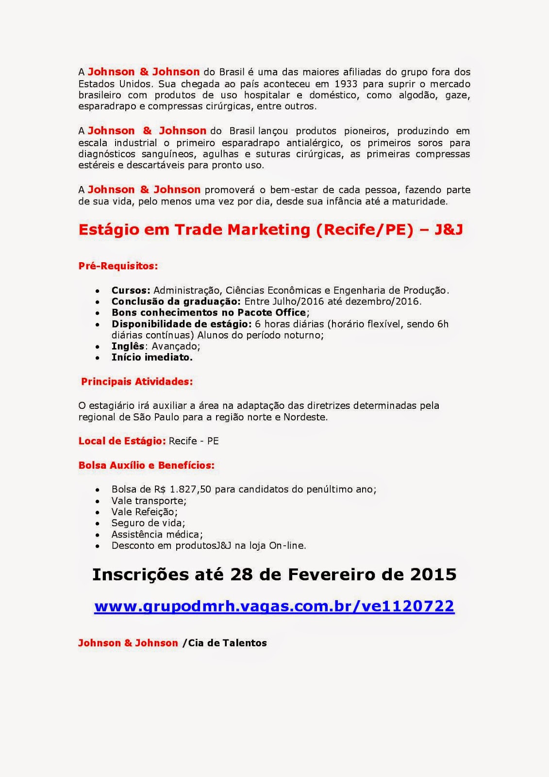 Carreiras FBV Programa de Estágio Johnson & Johnson, em Trade Marketing