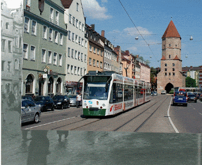 Augsburg  Jakoberstraße after the war and now, showing the extent of the reconstruction