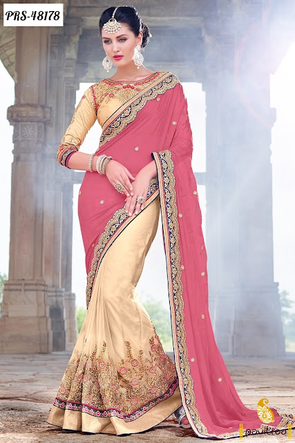 Diwali season special pink chiffon designer lehenga style saree online shopping with discount offer at pavitraa.in