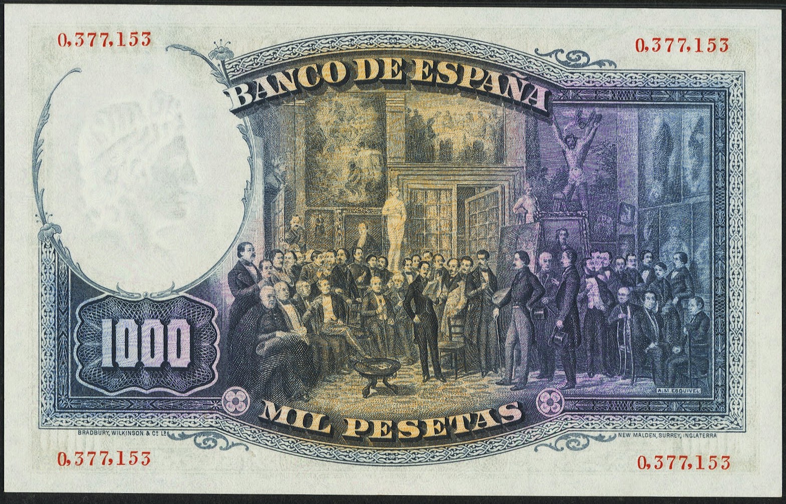 Spain money currency 1000 Pesetas banknote 1931 The Contemporary Poets. A Reading of Zorilla at the Painter's Studio, Painting by Antonio María Esquivel