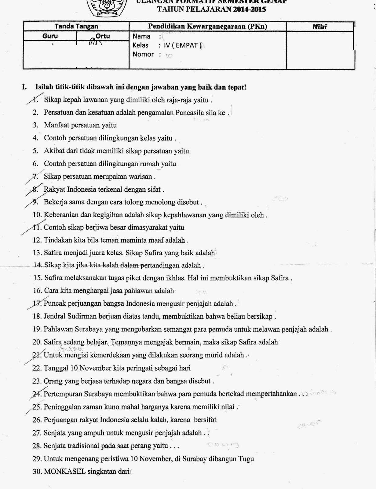 Soal Latihan Pkn Sd Kelas 1 Semester 2