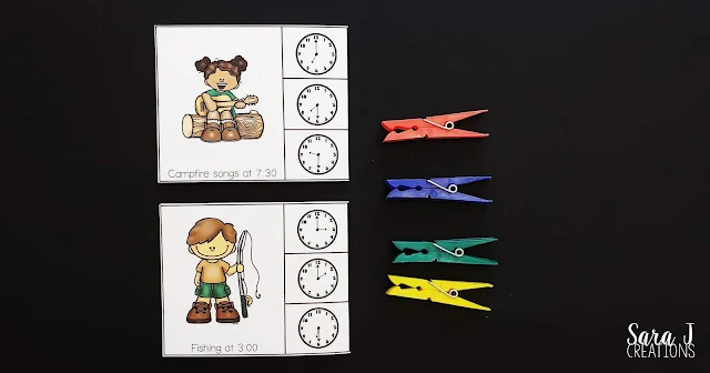 Make learning to read a clock and tell time to the half hour more fun with these FREE camping themed clip cards. Not only is this freebie great practice for children in first grade, but it also offers bonus fine motor practice as students open and close clothespins.