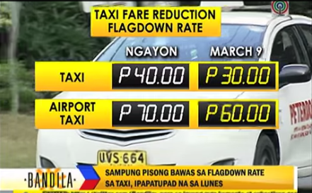 Taxi flag-down rates reduced by P10 starting Monday