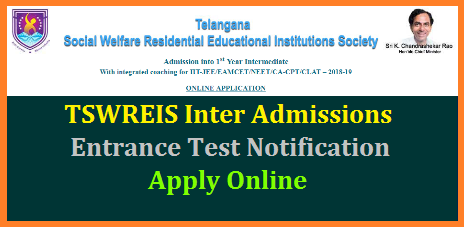 TSWREIS Entrance Test Notification 2018 For admission Into Junior Colleges- Apply Online @tswreis.telangana.gov.in