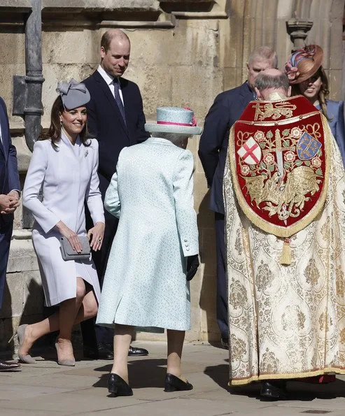 Kate Middleton wore a dove grey coat by Alexander McQueen. The Countess of Wessex wore a floral dress by Oscar de la Renta
