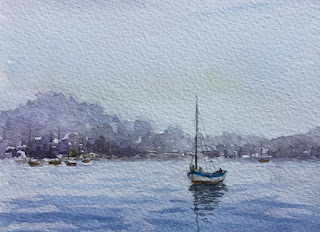 A small water colour study of boat and reflections on Moulin du Roy water colour paper by Canson.