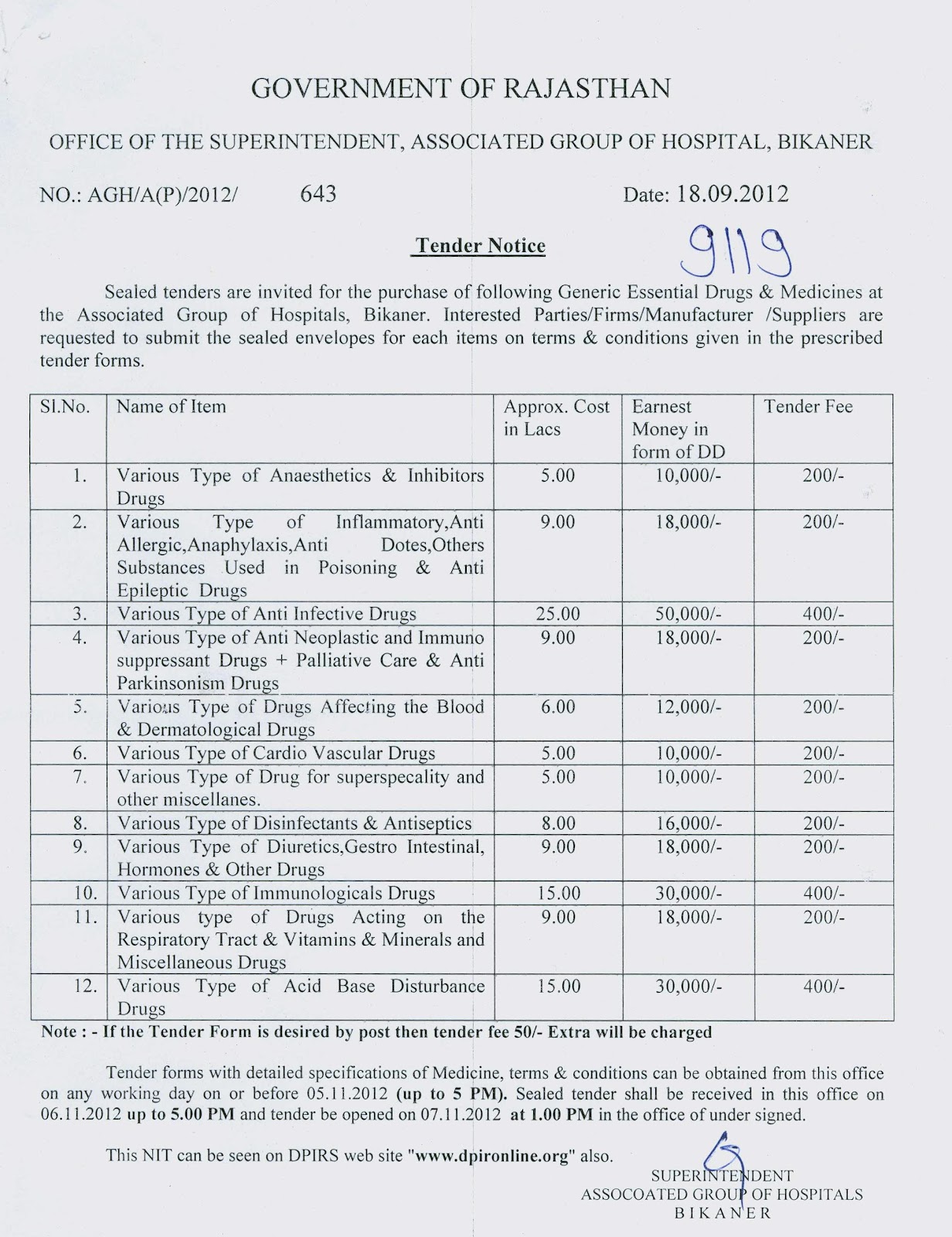 All Tenders Information Govt. Of Rajasthan, Office of The