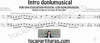 Partitura de la Intro donlumusical en Clave de Fa para trombón, tuba, bombardino, chelo, fagot...donlu sheet music in bass clef