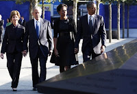 US President Barack Obama and first lady Michelle Obama are joined by former President George W. Bush and his wife Laura Bush during ceremonies marking the 10th anniversary of the 9/11 attacks.