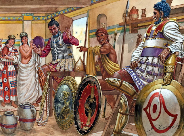 Два знатных карфагенских воина городского ополчения (1 и 3)  в компании греческого наёмника (2) наблюдают за танцовщицами (4),  середина IV века до н.э.