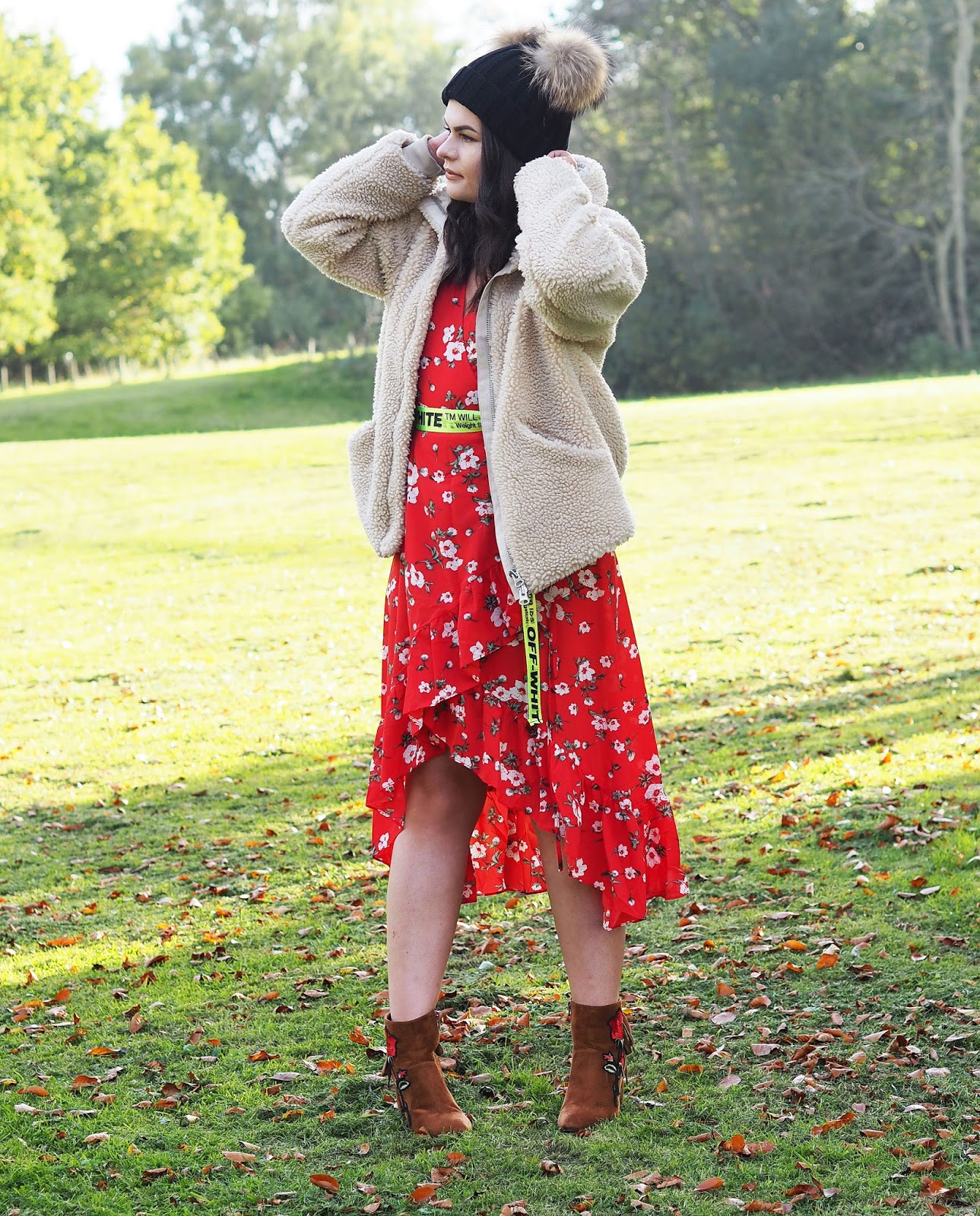 nasty gal floral dress, boohoo suede boots, autumn style, fall fashion 2017, tea dress 2017, how to style a tea dress, how to style a dress in the autumn, shearing h&m coat, sold out h&m coat, h&m teddy bear coat