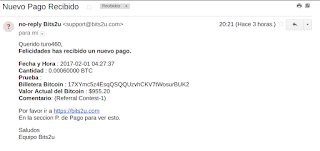 imagen del correo electronico con el comprobante de pago echo por bits2u