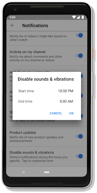 YouTube settings to disable sounds and vibrations