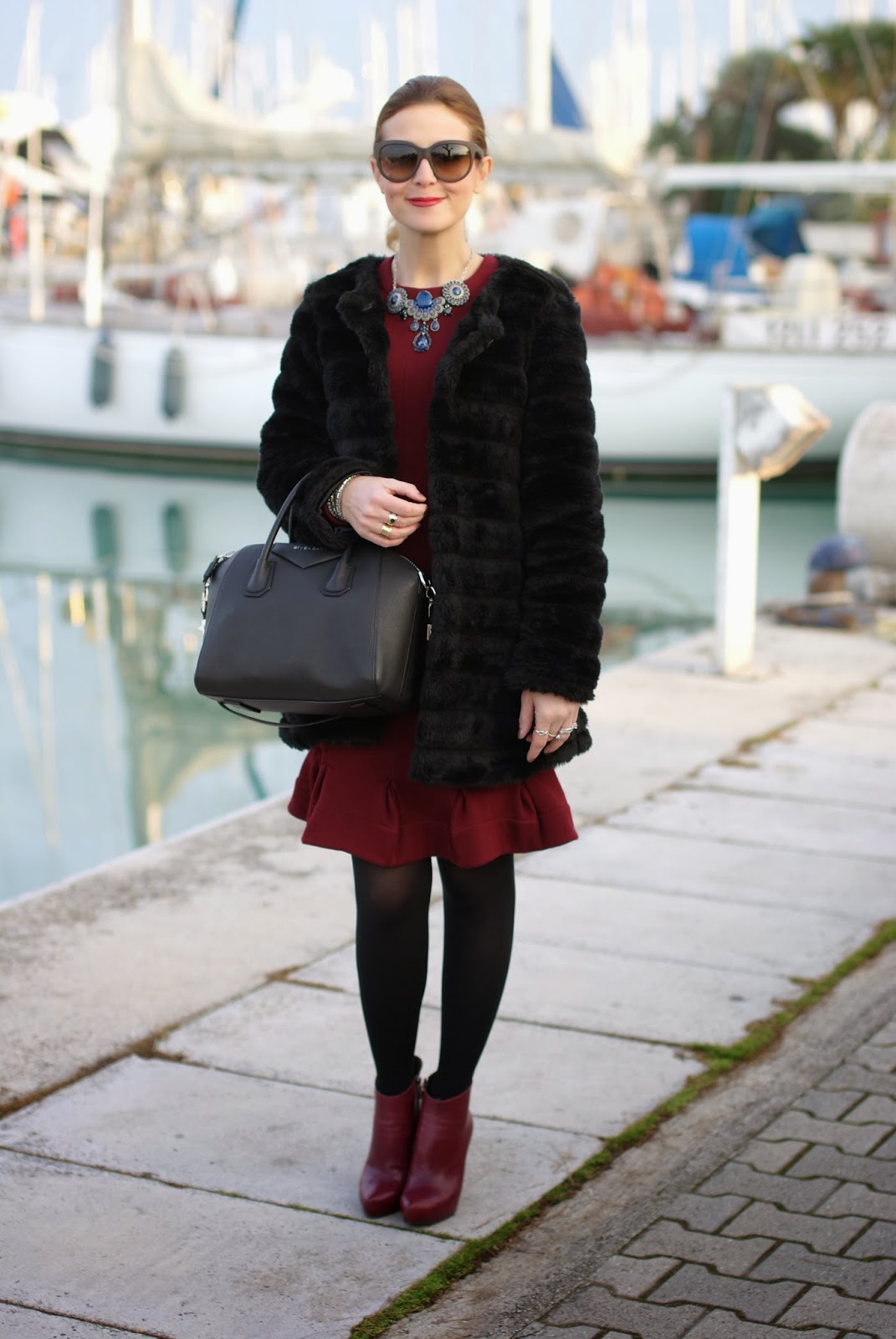 Black faux fur, Carven burgundy dress | Fashion and Cookies - fashion ...