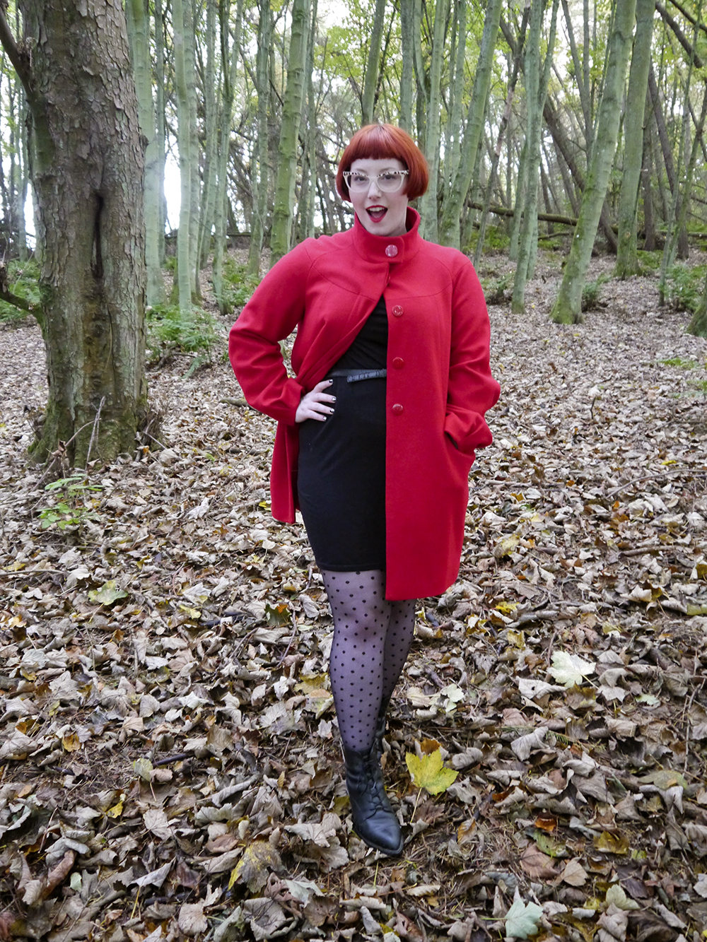 Styled by Helen: Horror Accessories Styled by Helen, Wardrobe Conversations, Scottish blogger, Dundee blogger, red head, ginger bob, red hair, Spex Pistols glasses, horror jewellery, Halloween jewellery, Sugar & Vice, red coat, winter coat, polka dot outfit, monochrome outfit, winter outfit, autumn style, Ted & Muffy boats, charity shop style, Hayley Scanlan tshirt dress, name necklace, personalised jewellery, Charleton farm