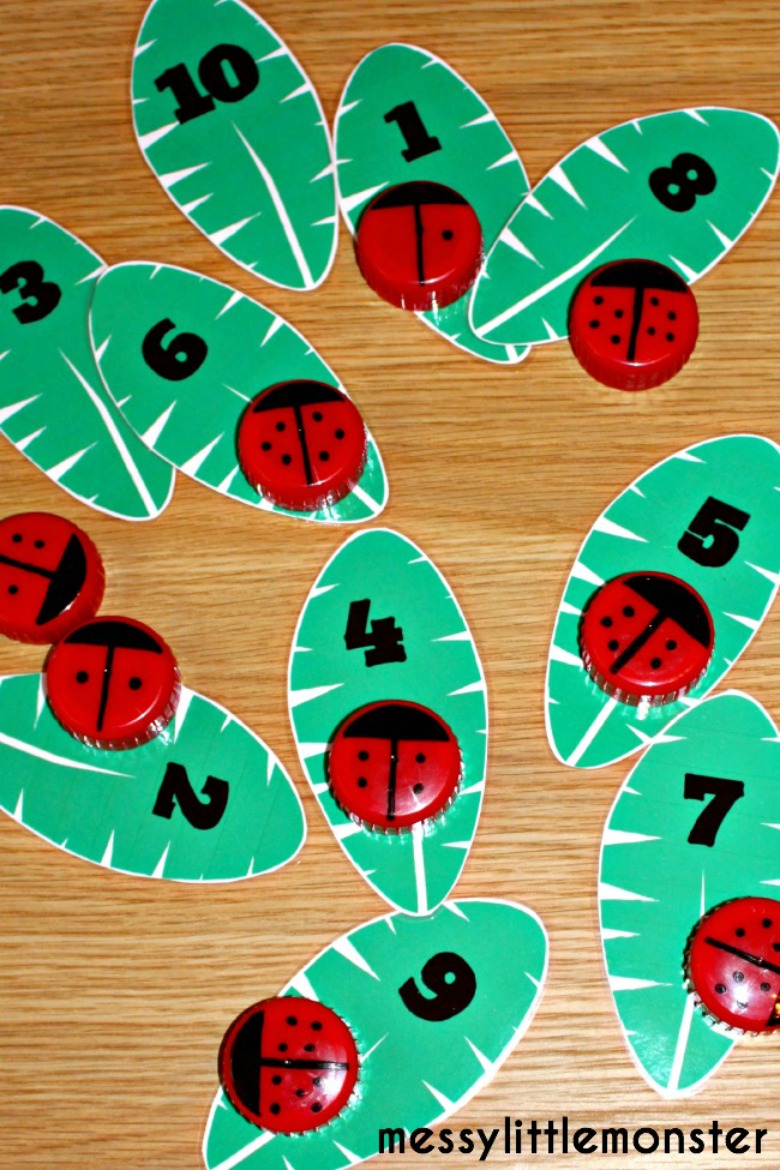 Learn to count with a free printable leaf and ladybird (ladybug) number game.  This number hunt activity makes learning to order and match numbers fun for toddlers and preschoolers.