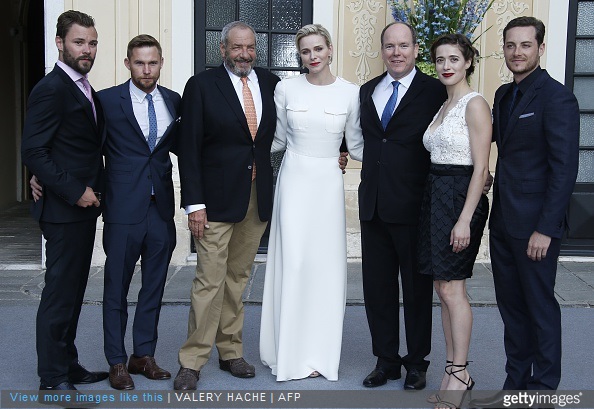 US actors Jesse Lee Soffer, Brian Geraghty, US producer Dick Wolf, Princess Charlene and Prince Albert II of Monaco, US actress Marina Squerciati and US actor Patrick Flueger pose in Monaco Palace during the 55th Monte-Carlo Television Festival on June 17, 2015, in Monaco. 