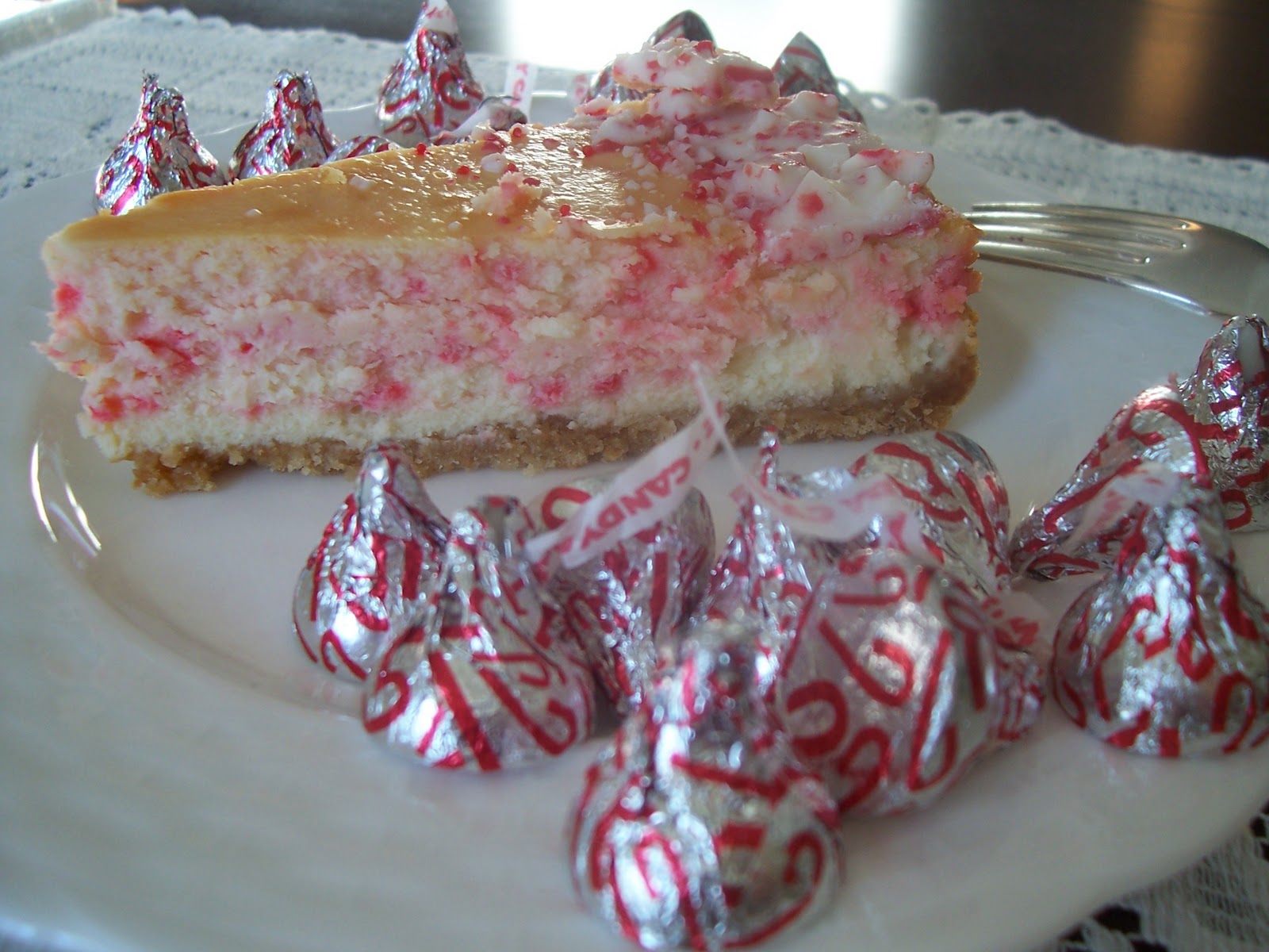 Hershey's Kisses Candy Cane Swirl Cheesecake and the Beauty of Cream Cheese