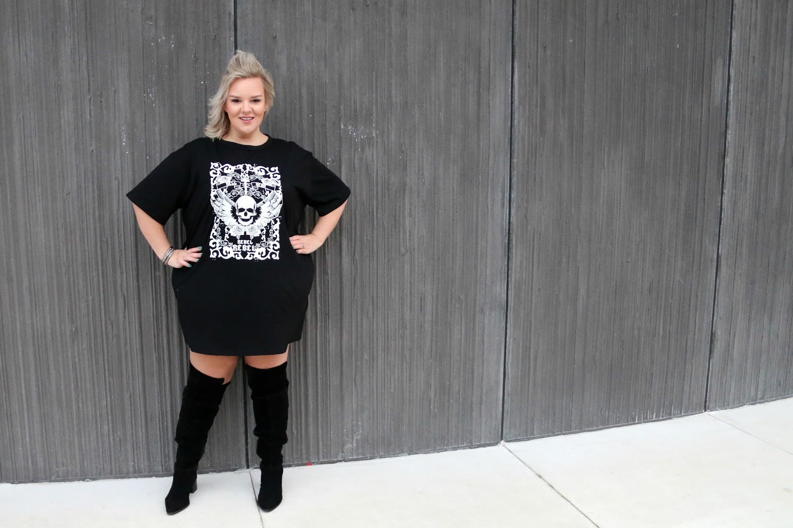 In The Style Curve Charlotte Crosby Black Rebel Rebel Skull Oversized T Shirt Dress on plus size blogger whatlauraloves